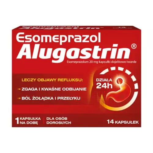 Alugastrin, Esomeprazol , 14 kapsułek, zgaga, bół żołądka,Polskie leki w UK.